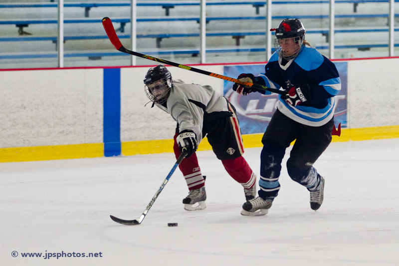 Two hockey players battle for the puck