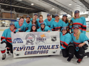 Women's hockey team posing with championship banner